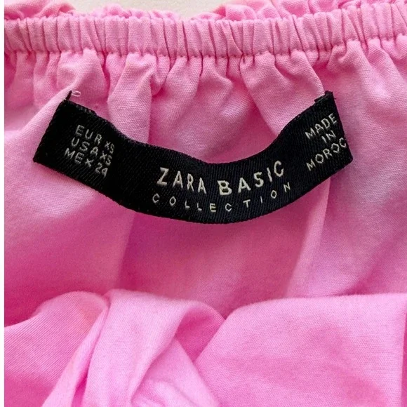 Zara Basic Blouse Sz XS Pink Off Shoulder Ruffle Bell Sleeve Barbiecore Crop Top - Picture 2 of 8